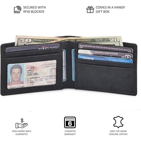 Genuine Leather Mens Bi fold Wallet RFID Blocking Slim Pocket Thin ID BLACK NEW - Picture 3 of 6